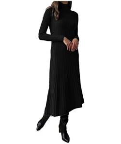 SOMTHRON Damen Rollkragenpullover Kleid Elegant Hochgeschlossen Langarm Gerippt Gestrickt Dehnbar Einfarbig Bodycon Maxi Kleid(BL,L) von SOMTHRON