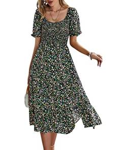 SOMTHRON Damen Sommer Bohemian Kleid Blumendruck Rüschen Puff Kurzarm Hohe Taille Swing Midi Strandkleider(BL,XL) von SOMTHRON