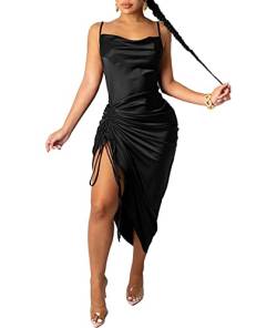 SOMTHRON Damen-Spaghetti-Träger-Satin-Midikleid Sexy Wasserfallausschnitt rückenfreier Kordelzug gerüscht seitlich geteiltes Club-Partykleid(BL,XS) von SOMTHRON