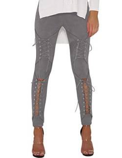 SOMTHRON Damen Zerrissen Stretch Wildleder Hose Hohe Taille Mit Schnürung(GY,M) von SOMTHRON