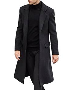 SOMTHRON Herren Casual Woll-Trenchcoat Slim Fit gekerbter Kragen Lange Jacke Übermantel Einreiher Erbsenmantel mit Taschen, schwarz, Medium von SOMTHRON