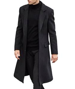SOMTHRON Herren Casual Woll-Trenchcoat Slim Fit gekerbter Kragen Lange Jacke Übermantel Einreiher Erbsenmantel mit Taschen, schwarz, XXX-Large von SOMTHRON
