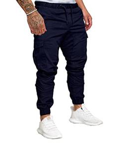 SOMTHRON Herren Elastische Taille Gürtel Baumwolle Jogging Sweat Hosen Plus Size Mode Lange Sports Cargo Hosen Shorts mit Taschen Joggers Activewear Hosen, 3XL, Dark Blue von SOMTHRON