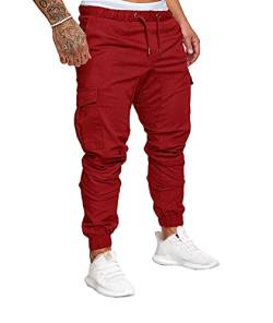 SOMTHRON Herren Elastische Taille Gürtel Baumwolle Jogging Sweat Hosen Plus Size Mode Lange Sports Cargo Hosen Shorts mit Taschen Joggers Activewear Hosen, 3XL, Weinrot von SOMTHRON