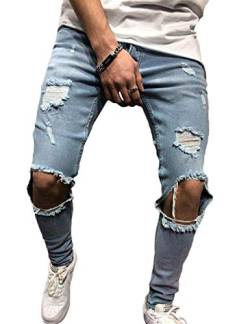 SOMTHRON Herren Stretch Destroyed Skinny Fit Jeans Ausgefranste Denim Freizeithose(LB,L) von SOMTHRON