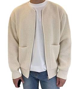 SOMTHRON Herren Strickjacke Pullover Full Zip Up Rundhalsausschnitt Solid Loose Cable Knit Sweater with Pockets AP-3XL von SOMTHRON