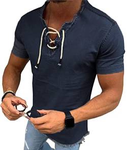 SOMTHRON Lässiges Herren-Schnür-T-Shirt mit V-Ausschnitt Kurzarm einfarbig mit Kordelzug Sommertops(DG,XL) von SOMTHRON
