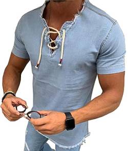 SOMTHRON Lässiges Herren-Schnür-T-Shirt mit V-Ausschnitt Kurzarm einfarbig mit Kordelzug Sommertops(LB,M) von SOMTHRON