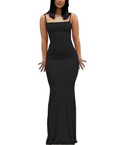 SOMTHRON Sexy Spaghettiträger für Damen figurbetontes Maxikleid lässige ärmellose tief geschnittene Dehnbare Lange Slingkleider(BL2,XS) von SOMTHRON