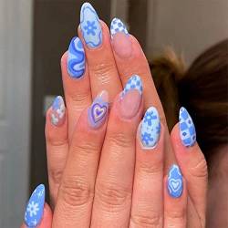 24 Stück Künstliche Nägel - Mandel Nägel Zum Aufkleben Kurz - Blau Oval Fingernägel mit Cartoon Design - False Nails für Damen und Frauen (Blauer Cartoon) von SONGQEE