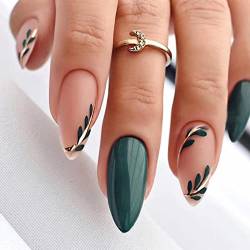 24 Stück Künstliche Nägel - Mandel Nägel Zum Aufkleben Kurz - Blau Oval Fingernägel mit Grünes Blatt Design - False Nails für Damen und Frauen (Grünes Blatt) von SONGQEE