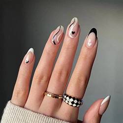 24 Stück Künstliche Nägel - Mandel Nägel Zum Aufkleben Kurz - Glossy Glitzer Fingernägel mit Schwarz Weiß Welle - False Nails für Damen und Frauen (Weiß & Schwarz Herz) von SONGQEE