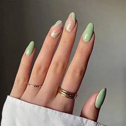 24 Stück Künstliche Nägel - Mandel Nägel Zum Aufkleben Kurz - Glossy Glitzer French Fingernägel mit Grün Wellen Design - False Nails für Damen und Frauen (Grüne Welle) von SONGQEE