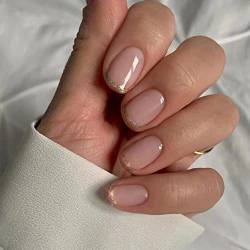 24 Stück Lang künstliche Nägel zum aufkleben - Fake Nails mit Nail Glue - Quadratisch False Nails für Frauen & Mädchen (Gold Glitter Powder Edge) von SONGQEE