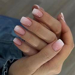 24PCS Kurz Falsche Nägel, Square Rosa Nude Pink Gradient White Fake Nails - Full Cover Kunstnägel mit Nagelkleber - Acryl Künstliche Fingernägel für Frauen & Mädchen von SONGQEE