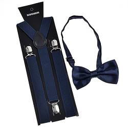 SOONHUA Herren Hosenträger Fliege Set mit 3 Clips Verstellbare elastische Y-Form Hosenträger Passende Fliege Set für Männer Hosen Business Hochzeit Casual, marineblau, M von SOONHUA