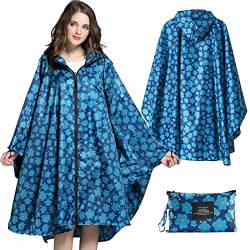 SOPPY Regenmantel für Frauen, Langer Regenponcho wasserdichte Regenbekleidung Regenjacke Winddichte Regencape Raincoat Regenschutzbekleidung mit Pattentasche Kapuze Tunnelzug, Blaue Blumen von SOPPY