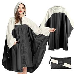 SOPPY Regenmantel für Frauen, Langer Regenponcho wasserdichte Regenbekleidung Regenjacke Winddichte Regencape Raincoat Regenschutzbekleidung mit Pattentasche Kapuze Tunnelzug, Schwarz & Weiß von SOPPY