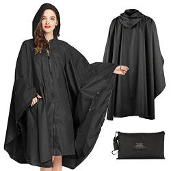 SOPPY Regenmantel für Frauen, Langer Regenponcho wasserdichte Regenbekleidung Regenjacke Winddichte Regencape Raincoat Regenschutzbekleidung mit Pattentasche Kapuze Tunnelzug, Schwarz von SOPPY