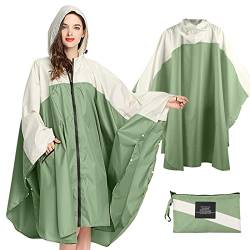 SOPPY Regenmantel für Frauen, Langer Regenponcho wasserdichte Regenbekleidung Regenjacke Winddichte Regencape Raincoat Regenschutzbekleidung mit Pattentasche Kapuze Tunnelzug, Senfgrün von SOPPY