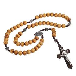 SOSPIRO Rosenkranz aus Holz Halskette Katholische Kette Kreuz Anhänger Halskette für Männer Frauen Kommunion Holz Halskette von SOSPIRO