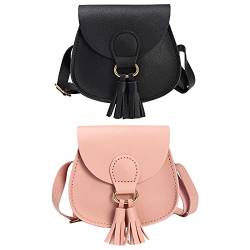 SOTOGO 2 Stück kleine Mädchen Crossbody Geldbörsen Kleinkind Mini niedliche Prinzessin Handtaschen Schultertasche Messenger Bag für Kinder, Eine Quaste, schwarz/rosa, Fransen von SOTOGO