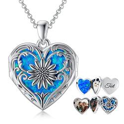 SOULMEET Personalisiert Medaillon zum öffnen für bilder, Medaillon Halskette für 3 Fotos,Herz Sonnenblume medaillon die opal,Geschenk für Frauen Sterling Silber von SOULMEET