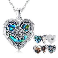 SOULMEET Personalisierte Medaillon zum öffnen für bilder, Medaillon Halskette für 3 Fotos,Herz Sonnenblume medaillon die Abalone,Geschenk für Frauen Sterling Silber von SOULMEET