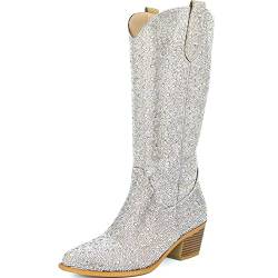 SOVANYOU Damen Strass Cowboy Stiefel Spitze Zehen Blockabsatz Kniehohe Stiefel mit seitlichem Reißverschluss, Strass, 39 EU von SOVANYOU