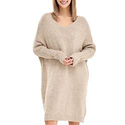 SOVENTUS FASHION Damen Strickkleid V-Ausschnitt - grobmaschiger Strickpullover im Oversize-Look, ideal als stylischer Damen-Pullover für die Frühling Sommer und Herbst, Winter Made in Italy beige von SOVENTUS FASHION