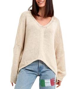 SOVENTUS FASHION Damen Strickpullover Oversize grobmaschig Pullover Damen Strick Oversize kurz Pulli Herbst Winter elegant V Ausschnitt Wolle, mit oder ohne Kapuze, Made in Italy beige von SOVENTUS FASHION