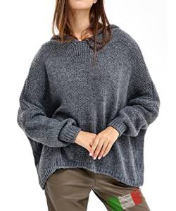 SOVENTUS FASHION Damen Strickpullover Oversize grobmaschig Pullover Damen Strick Oversize kurz Pulli Herbst Winter elegant V Ausschnitt Wolle, mit oder ohne Kapuze, Made in Italy grau von SOVENTUS FASHION