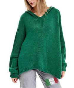 SOVENTUS FASHION Damen Strickpullover Oversize grobmaschig Pullover Damen Strick Oversize kurz Pulli Herbst Winter elegant V Ausschnitt Wolle, mit oder ohne Kapuze, Made in Italy grün von SOVENTUS FASHION