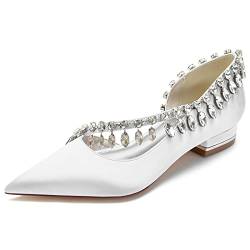 Brautschuhe Damen Spitzschuh Niedriger Absatz Weiße Satin Hochzeit Flache Schuhe mit Strass,Weiß,42 EU von SOVORM