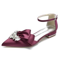 Damen Geschlossene Zehen Ballerinas Satin Knöchelriemen Brautschuhe Flache Schuhe Mit Strass,Burgundy,39 EU von SOVORM