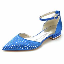Damen Geschlossene Zehen Ballerinas Satin Knöchelriemen Brautschuhe Flache Schuhe mit Strass,Blau,41 EU von SOVORM