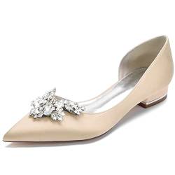 Weiße Brautschuhe Damen Spitzschuh Niedriger Absatz Satin Hochzeit Flache Schuhe Mit Strass,Champagne,41 EU von SOVORM