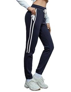 SPECIAMAGIC Fleece gefütterte Jogginghose für Damen Strips Running Jogging Lounge Workout Pants mit Taschen Warmer Thermo-Track Marineblau Streifen M von SPECIALMAGIC