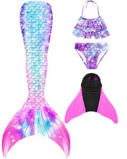 SPEEDEVE Mädchen Meerjungfrauenschwanz Zum Schwimmen mit Bikini Set und Monoflosse,Fenpu-m3,150 von SPEEDEVE