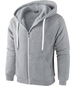 SPEEDRUN Sweatjacke Herren mit Kapuze Gefütterte Fleecejack Männer Kapuzenpullover für Herren Fell Hoodie dick mit Reißverschluss Taschen Warm Casual Outdoor Winter (2535-Hellgrau 2XL) von SPEEDRUN