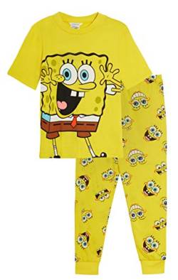 SpongeBob Squarepants Schlafanzug für Kinder, kuschelig, für Jungen und Mädchen, volle Länge, mit kurzärmeligem T-Shirt, Unisex Geschenk, gelb, 134 von SPONGEBOB SQUAREPANTS