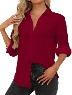 Damen Bluse Langarm Hemden Elegant V-Ausschnitt Button-Down Blusen Shirts Casual Chiffon Hemdbluse Office Work Tops von SPRING SEAON