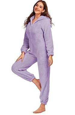 SPSHODOW Erwachsene Onesie Pyjamas für Frauen, Plüsch Onesie Pyjamas Zip Up Warme Flauschige Pyjamas Langarm Einteilige Kapuze Nachtwäsche von SPSHODOW