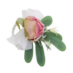 SQMSK Perle Mori Rose Blume Corsage Für Handgelenk Rosa Grün Blatt Braut Brautjungfer Handgelenk Blume Armband Künstliche Corsage Hochzeit von SQMSK