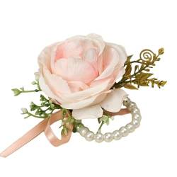 SQMSK Perlenblumen-Corsage für Handgelenk, weiß, mit Perlenkette, Champagner, Braut, Brautjungfer, Handgelenk, Blumenarmband, künstliche Corsage, Hochzeit von SQMSK