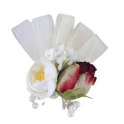SQMSK Tulpe Perle Rose Blume Corsage für Handgelenk Elfenbein mit Spitzenband Braut Brautjungfer Handgelenk Blumenarmband künstliche Corsage Hochzeit von SQMSK