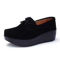 SRUQ Damen Halbschuhe Mokassins Plateau Flache Schuhe Wildleder Klassisch Loafers Schlupf Sneaker (Schwarz, Numeric_35) von SRUQ