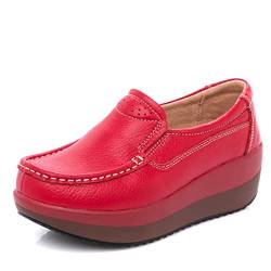 SRUQ Damen Leder Mokassins Plateau Loafer Slip On Wedge Casual Wanderschuhe (Rot, Numeric_39) von SRUQ