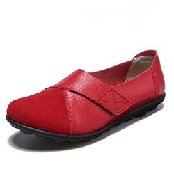 SRUQ Damen Mokassins Bootsschuhe Leder Arbeitsschuhe Freizeit Flache Loafers Halbschuhe Fahren Sandalen Klettverschluss Erbsenschuhe (Rot, Numeric_39) von SRUQ