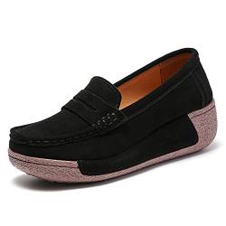 SRUQ Damen Mokassins Plateau Wildleder Wanderschuhe Low-top Klassisch Lässig Atmungsaktiv Arbeitsschuhe mit Keilabsatz (Schwarz, Numeric_39) von SRUQ